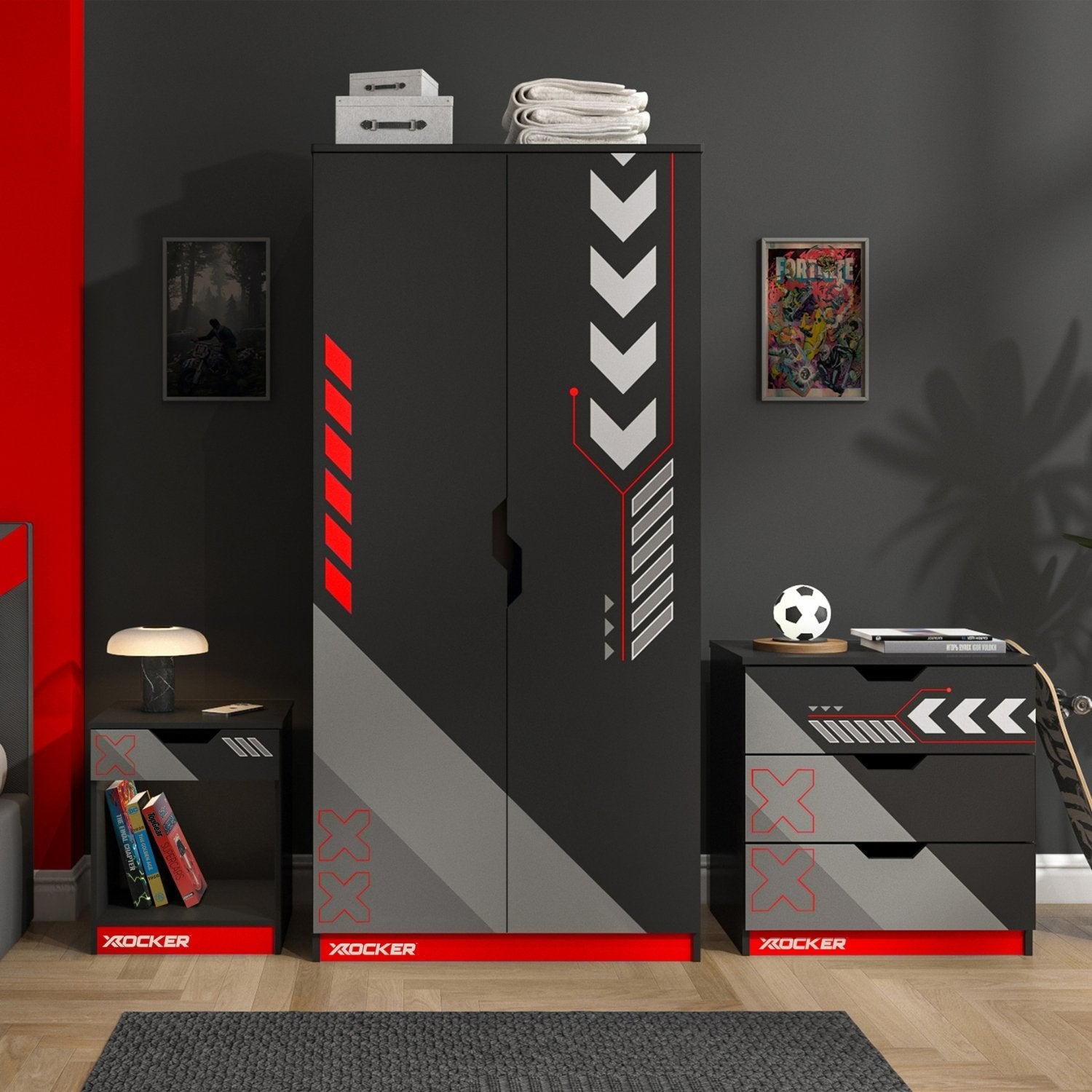 Black and red gaming desk with X rocker branding in a room setting.