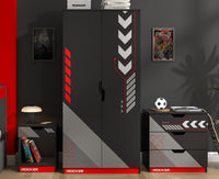 Black and red gaming desk with X rocker branding in a room setting.
