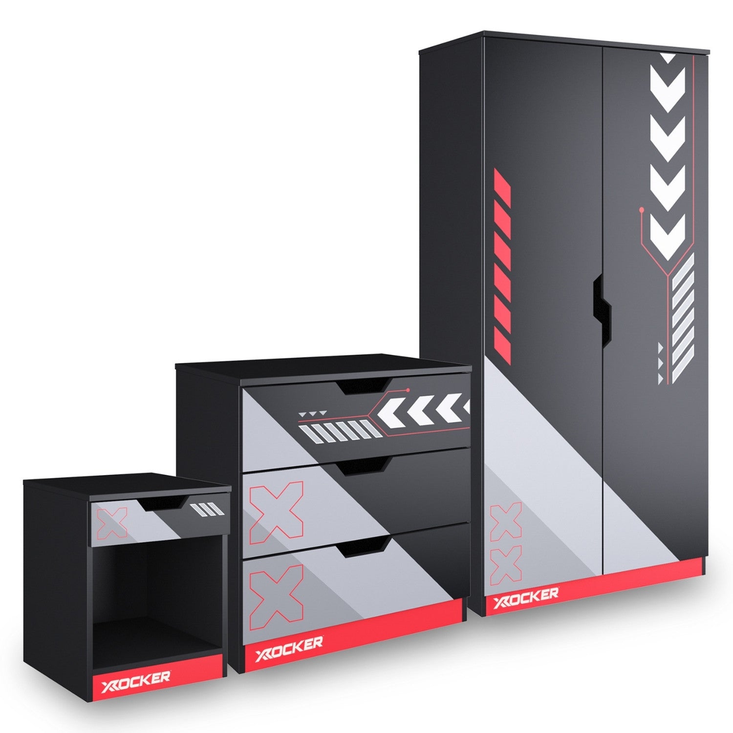 Black gaming desk with red and white accents featuring X rocker branding on a white background.