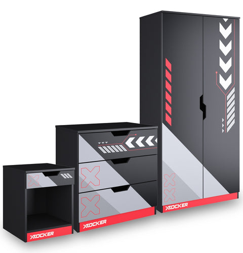 Black gaming desk with red and white accents featuring X rocker branding on a white background.
