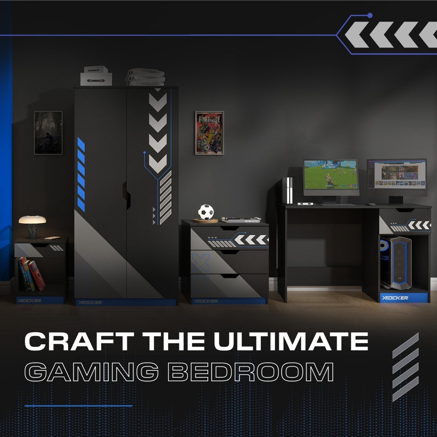 Gaming bedroom setup with desk, monitors, and wardrobe with chevron design.