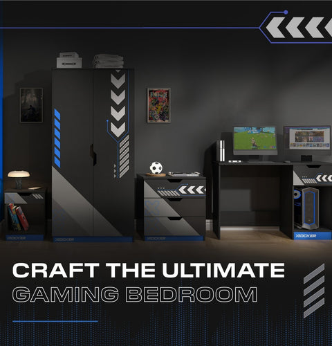 Gaming bedroom setup with desk, monitors, and wardrobe with chevron design.