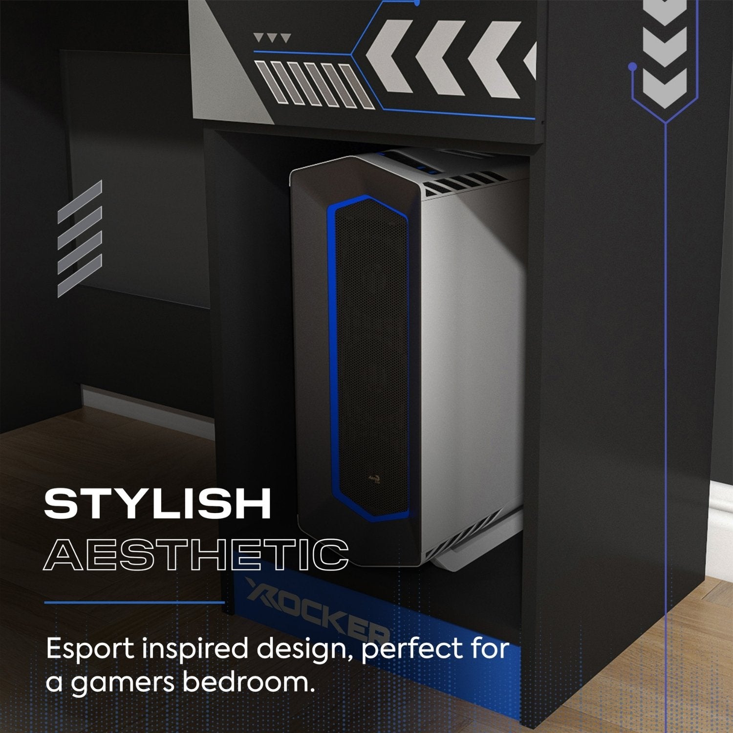 Gaming computer tower with stylish design on a dark background