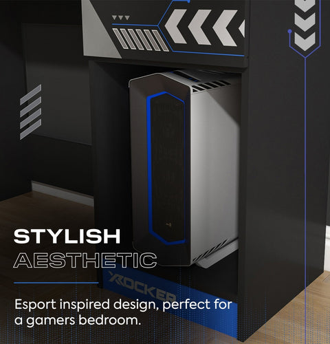 Gaming computer tower with stylish design on a dark background