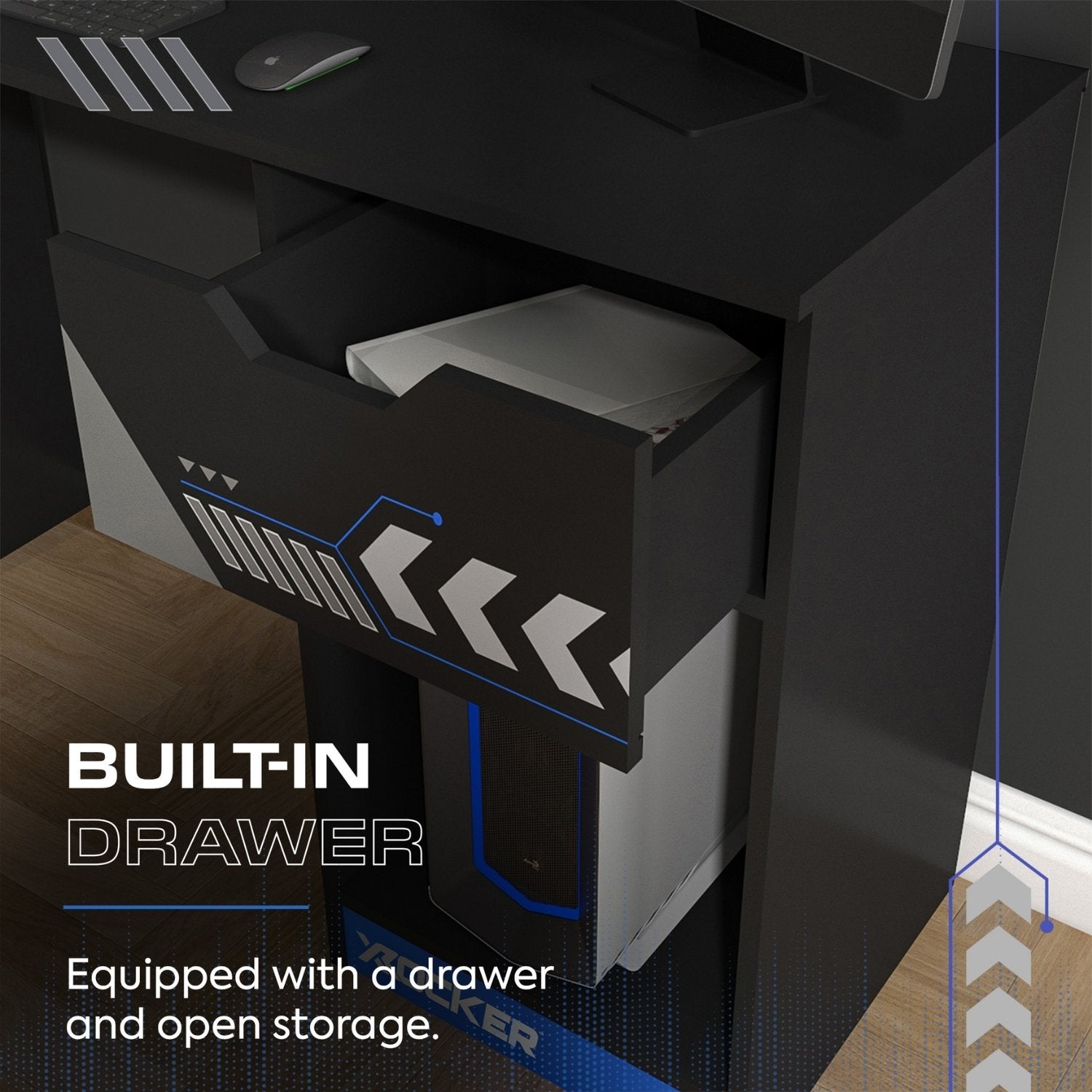 Black gaming desk with a built-in drawer and open storage space, featuring the brand 'X Rocker'.