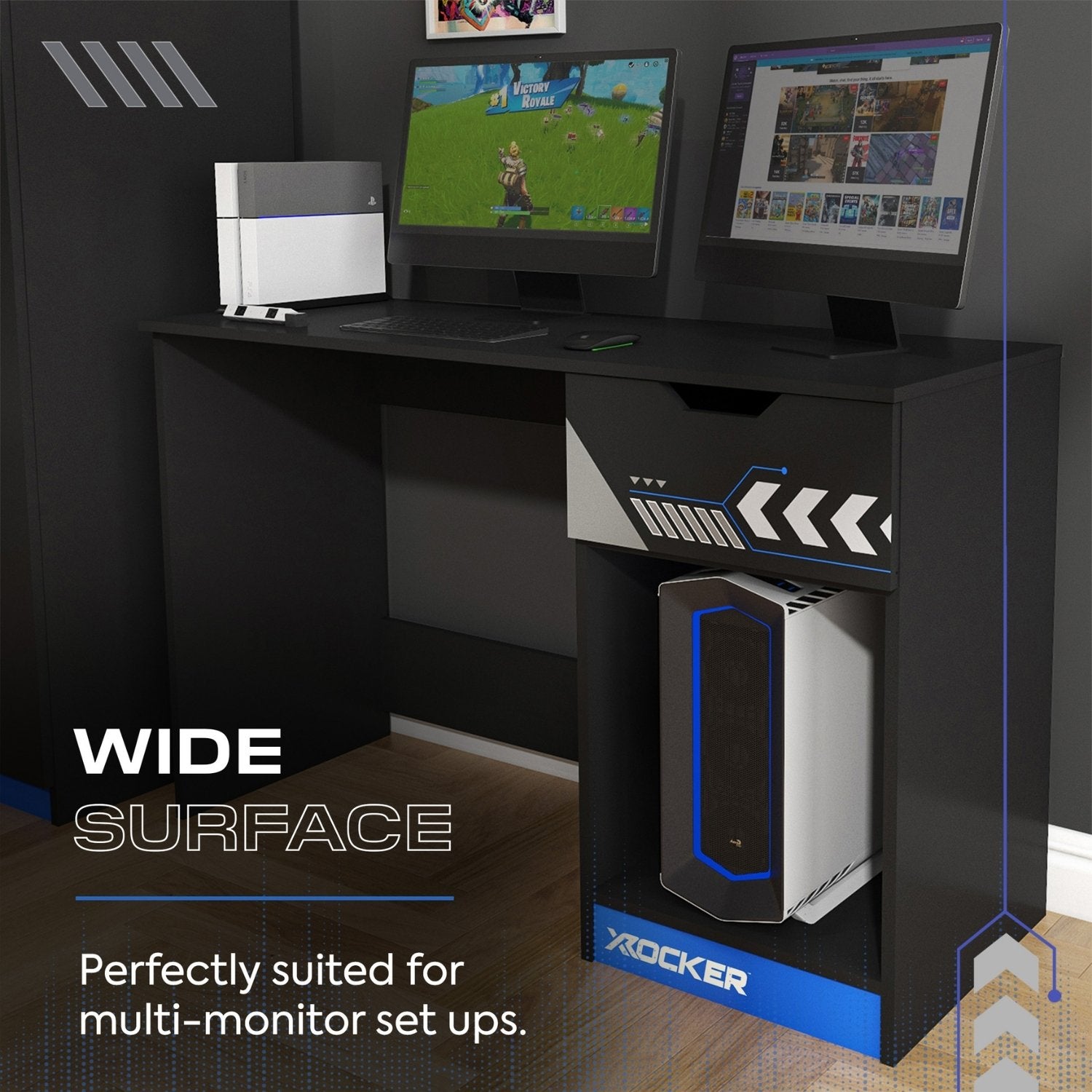 Gaming desk with two monitors and a computer tower, featuring X rocker branding.