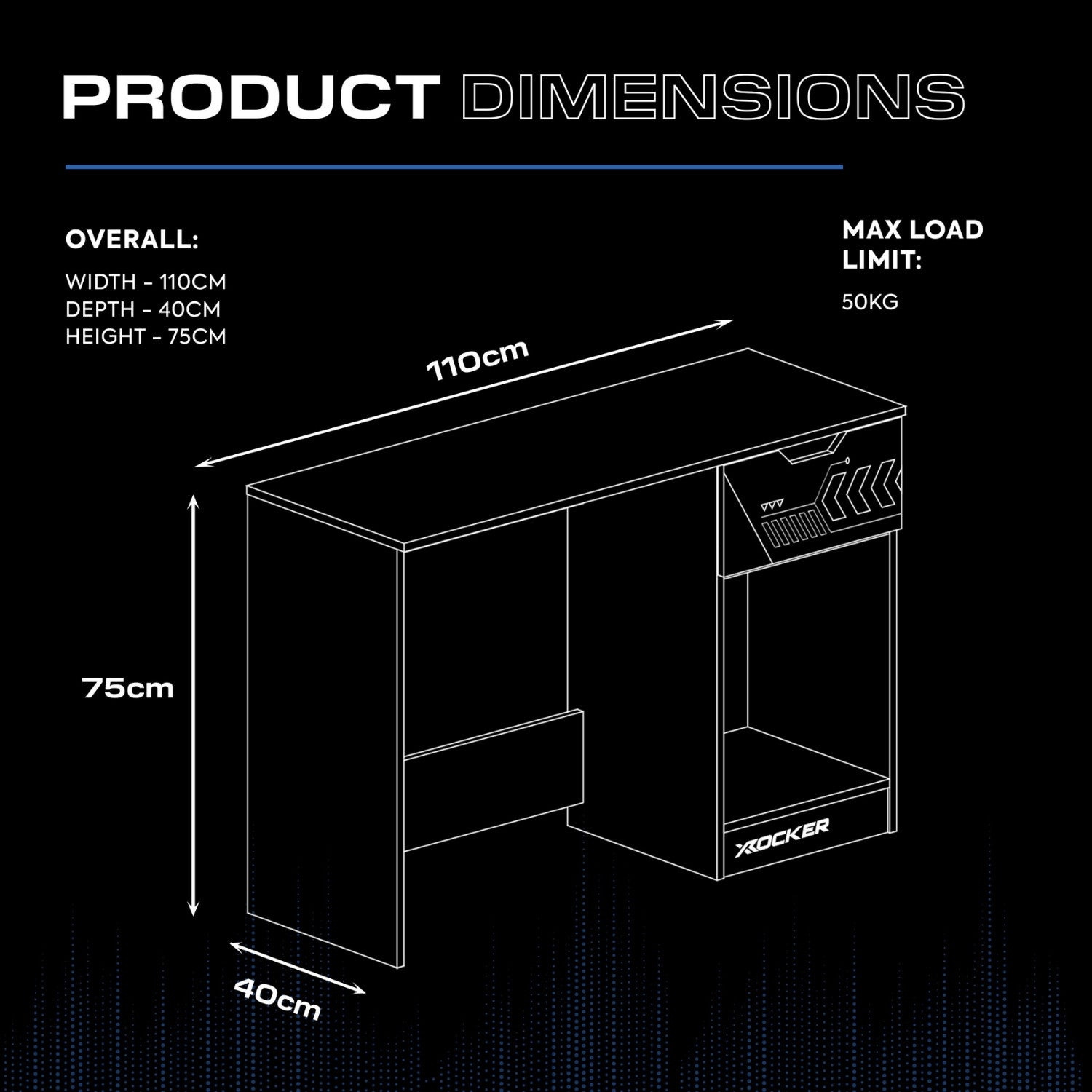 Product dimensions of a desk with X rocker branding on a black background