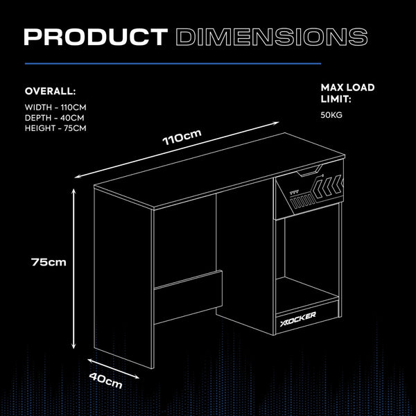 Product dimensions of a desk with X rocker branding on a black background