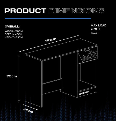 Product dimensions of a desk with X rocker branding on a black background