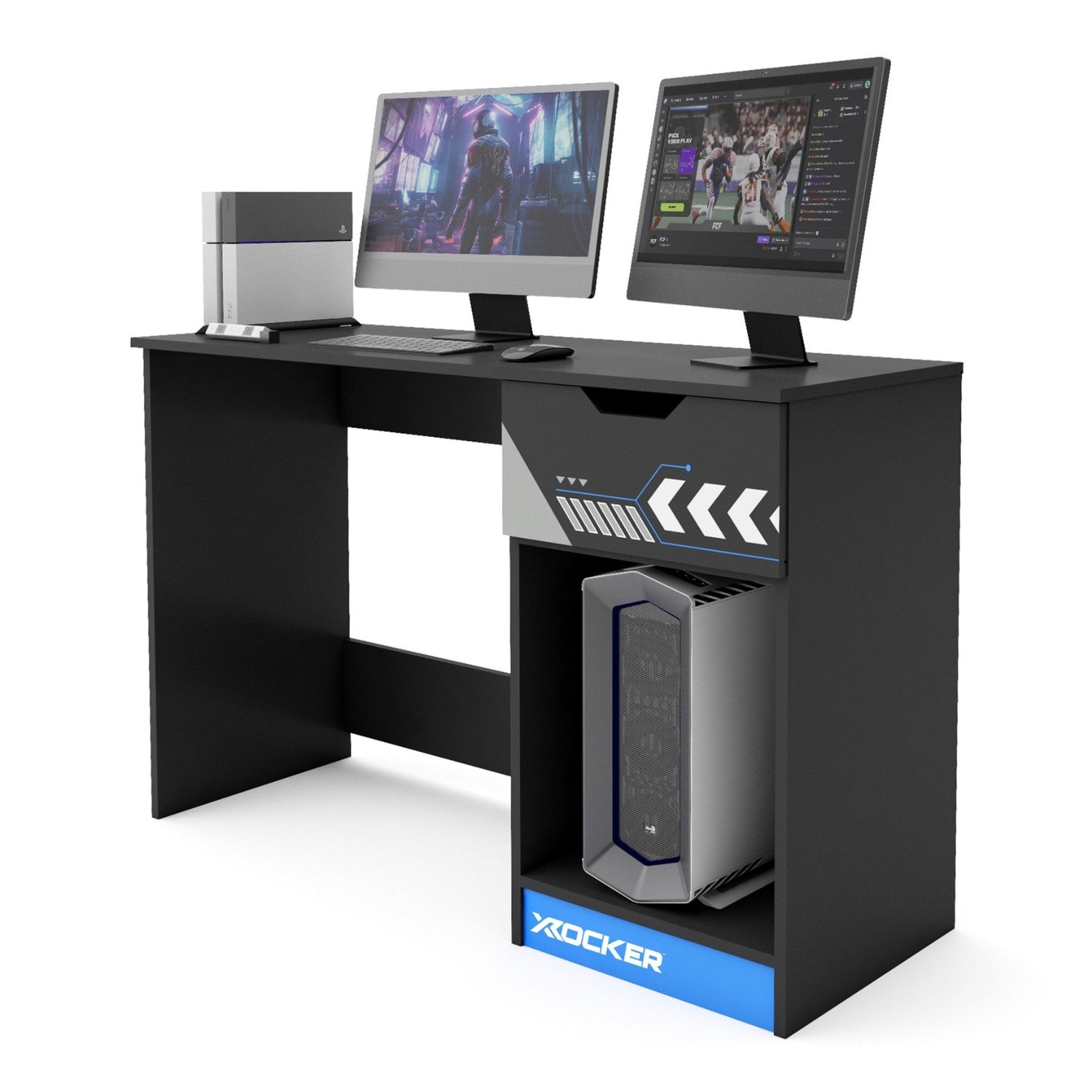 Gaming desk with computer setup and X rocker branding on a white background