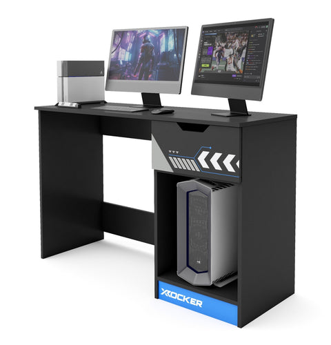 Gaming desk with computer setup and X rocker branding on a white background