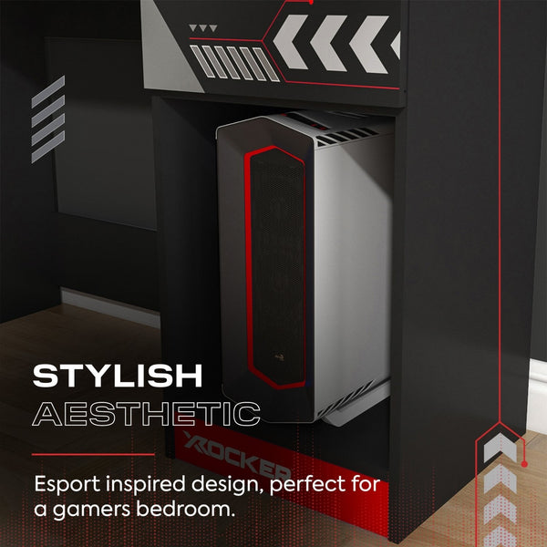 Gaming computer tower with stylish design on a dark background