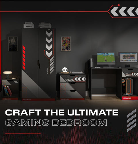 Gaming bedroom setup with desk, monitors, and shelves in a dark-themed room.