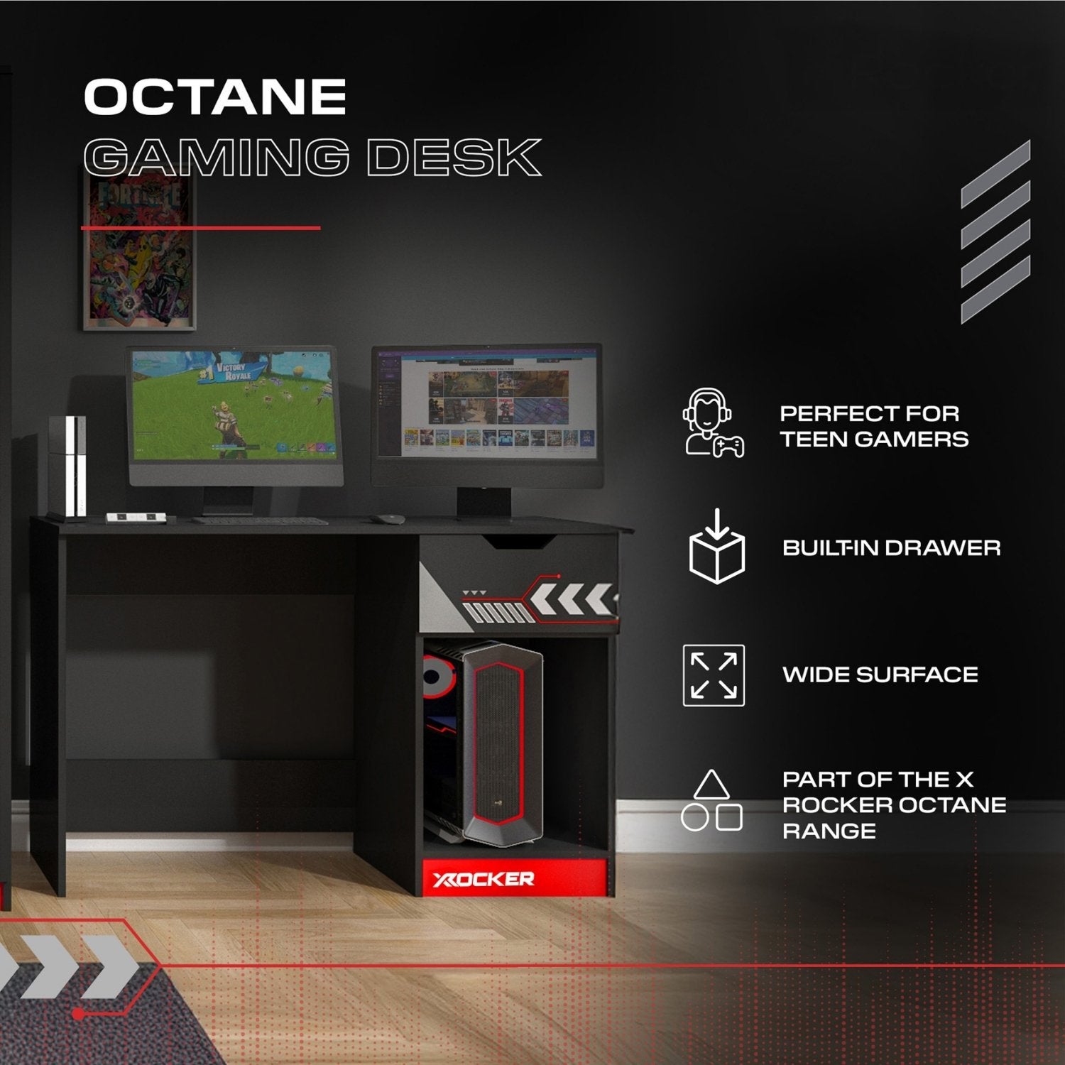 Octane gaming desk with computer setup on a dark background
