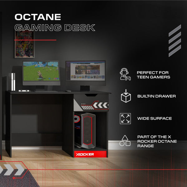 Octane gaming desk with computer setup on a dark background