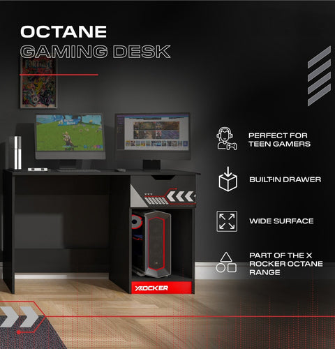 Octane gaming desk with computer setup on a dark background
