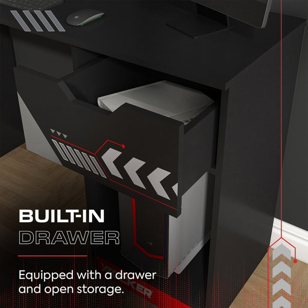 Black gaming desk with a built-in drawer and open storage space.