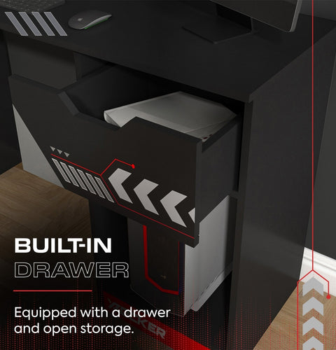 Black gaming desk with a built-in drawer and open storage space.