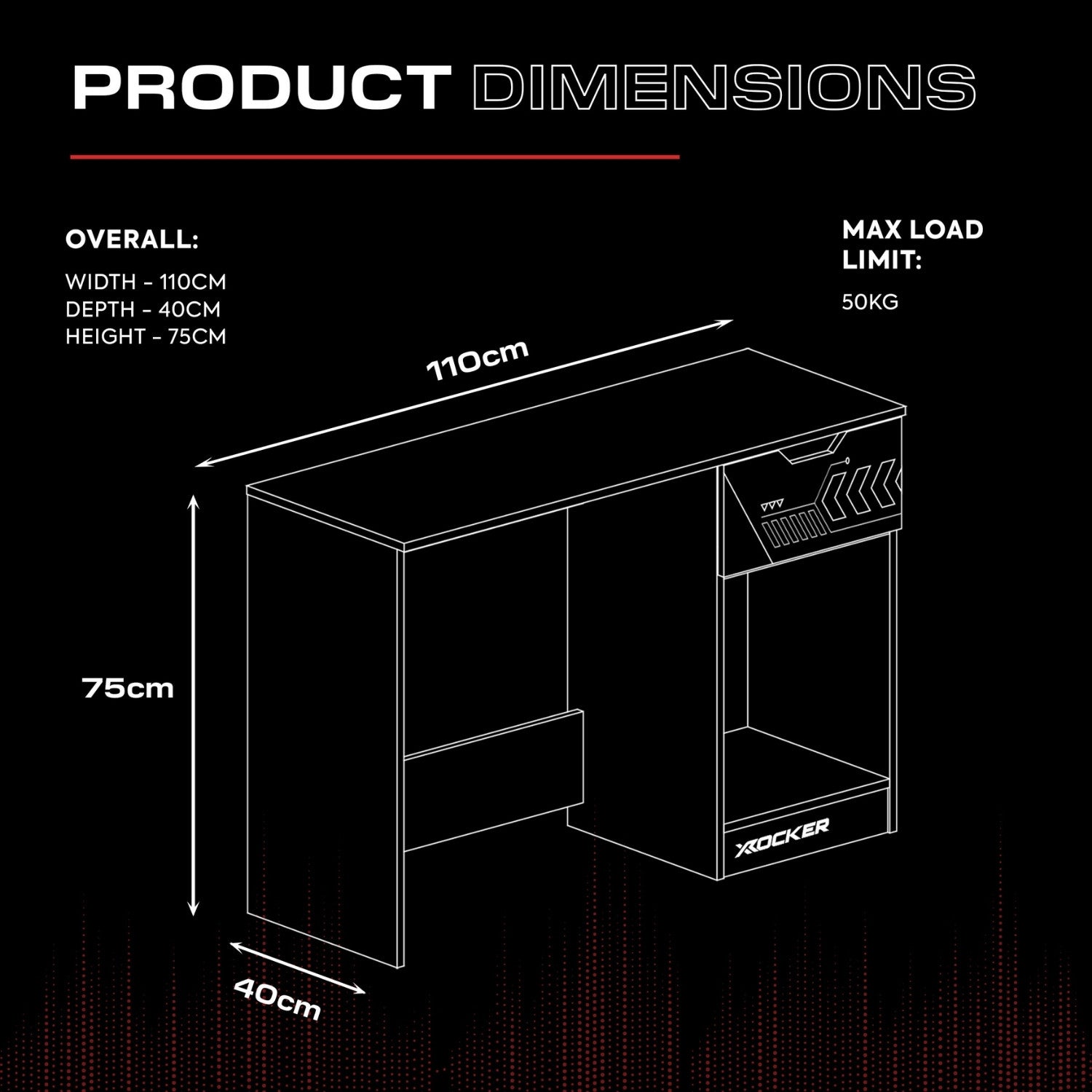 Product dimensions of a desk with X rocker branding on a black background