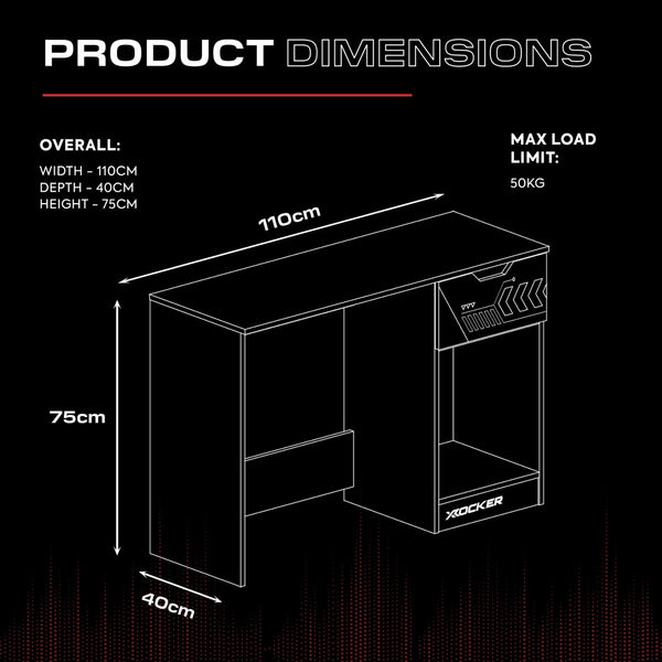 Product dimensions of a desk with X rocker branding on a black background