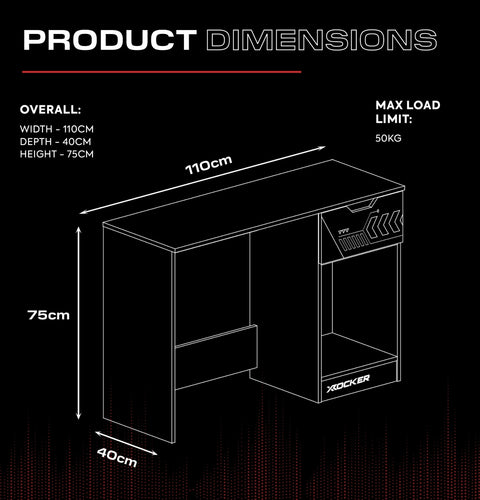 Product dimensions of a desk with X rocker branding on a black background