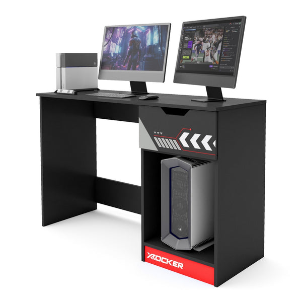Gaming desk with computer setup and X rocker branding on a white background