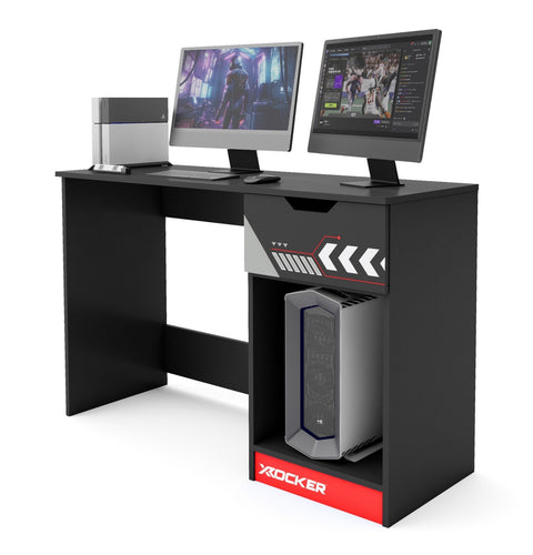 Gaming desk with computer setup and X rocker branding on a white background