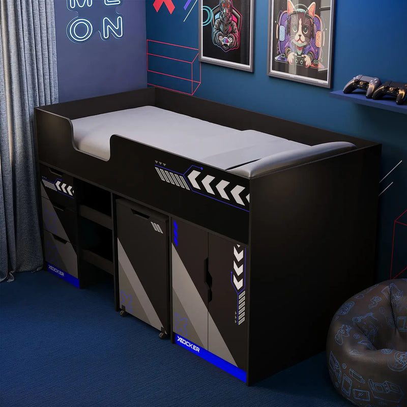 Modern children's bed with storage compartments in a room with blue walls and decorative elements.