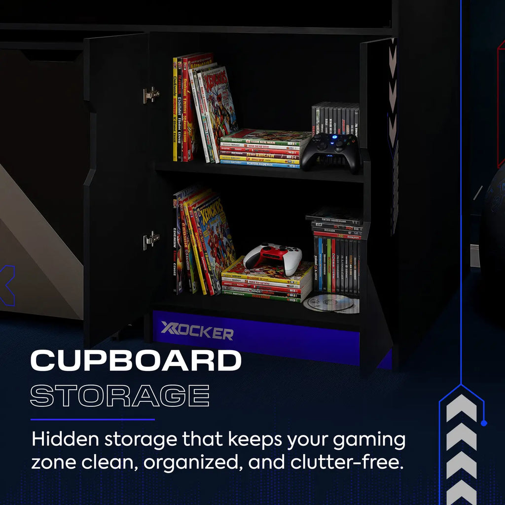 Gaming cupboard with shelves filled with games and controllers, featuring X rocker branding.