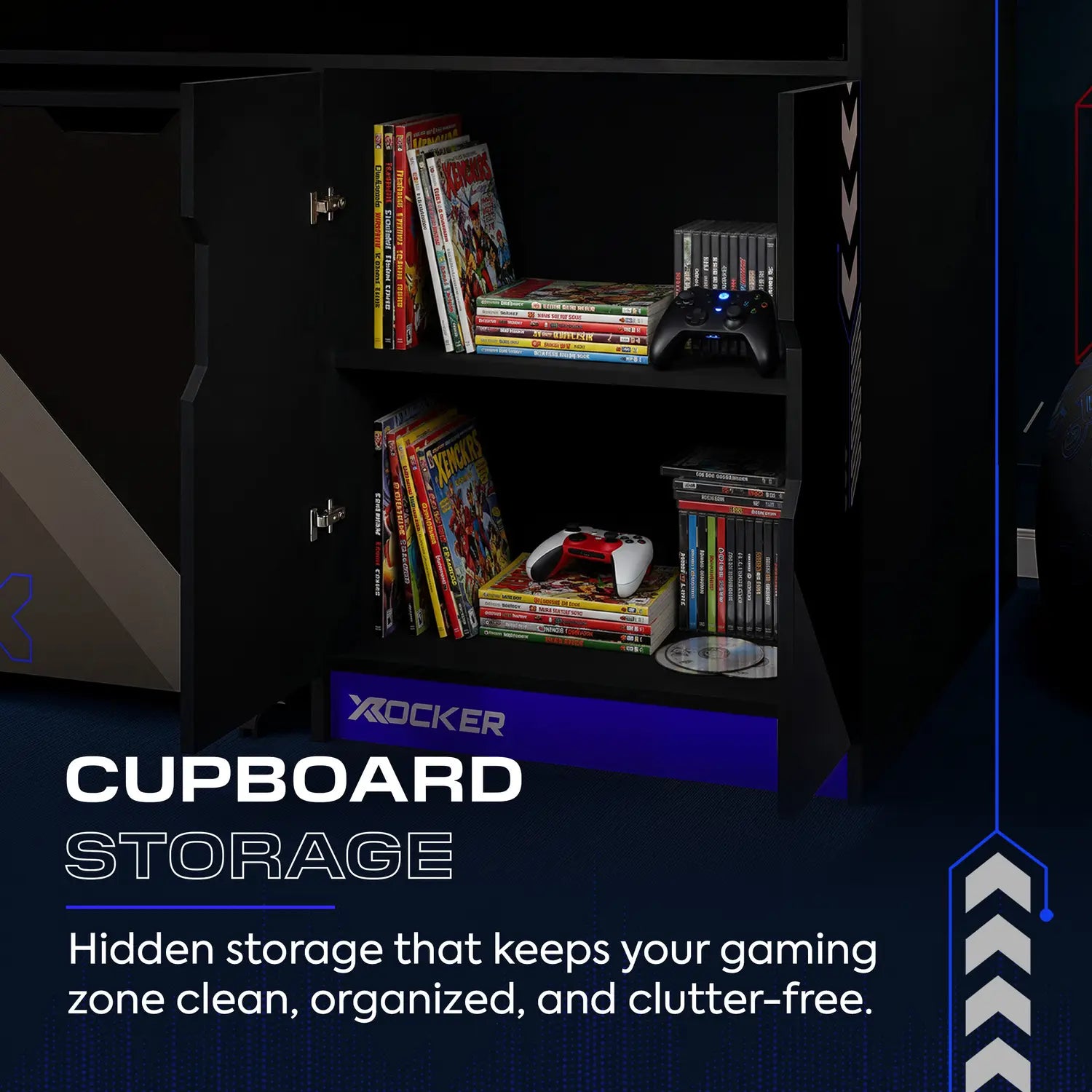Gaming cupboard with shelves filled with games and controllers, featuring X rocker branding.