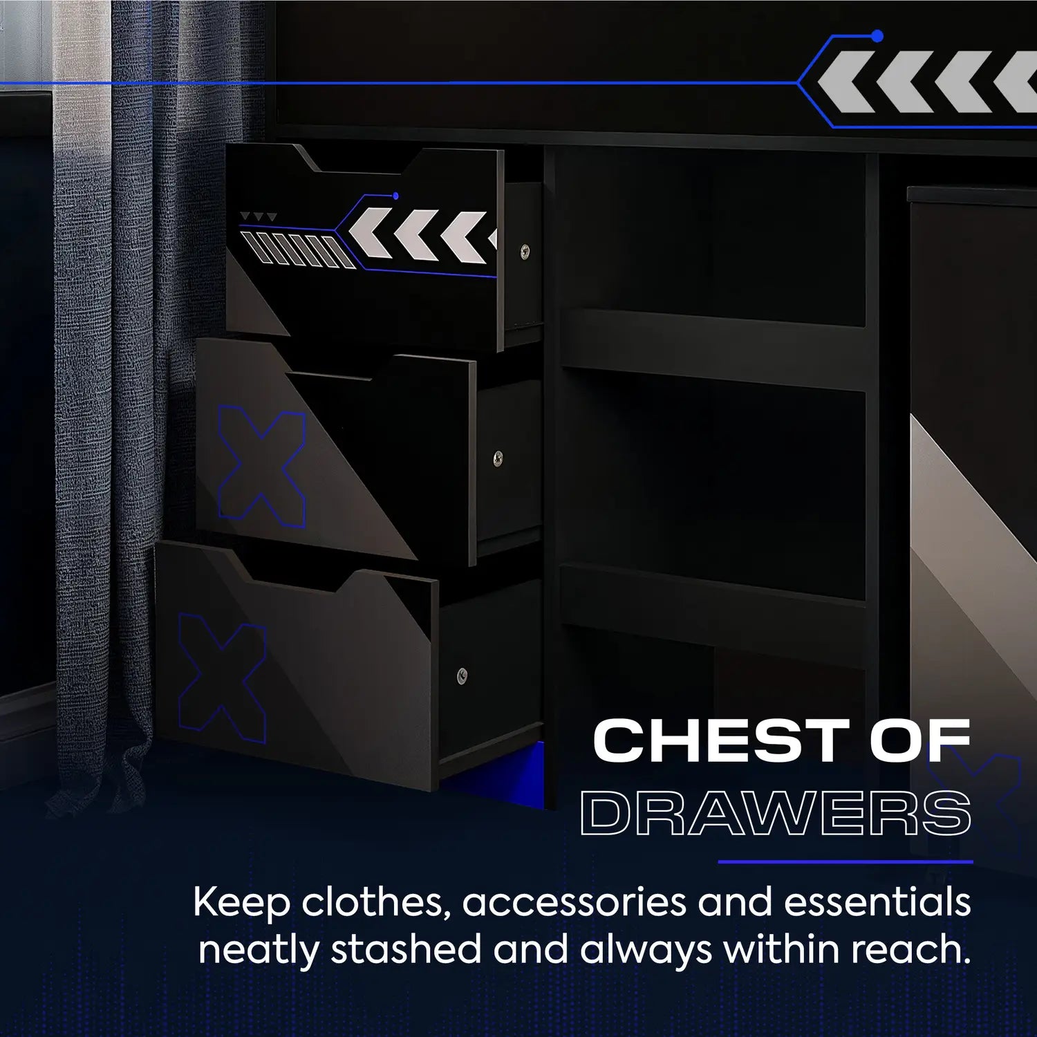 Black chest of drawers on the octane cabin bed with geometric designs and text on a dark background