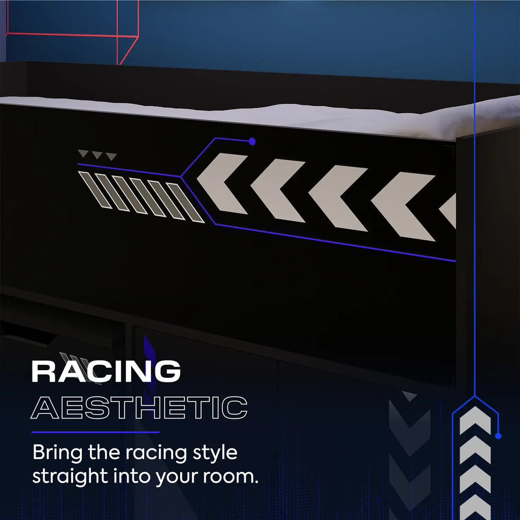Octane Bed with racing-themed design and text 'Racing Aesthetic' on a dark background