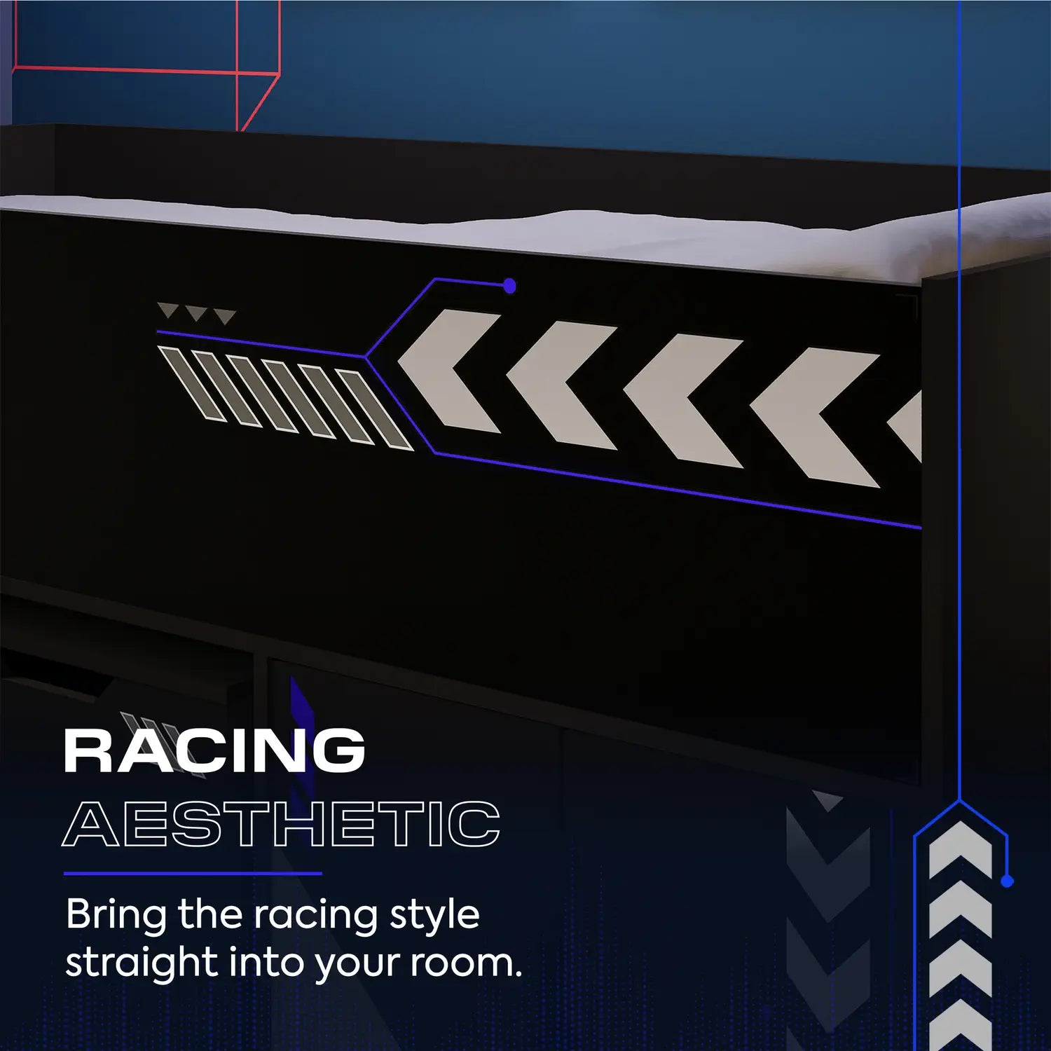Octane Bed with racing-themed design and text 'Racing Aesthetic' on a dark background