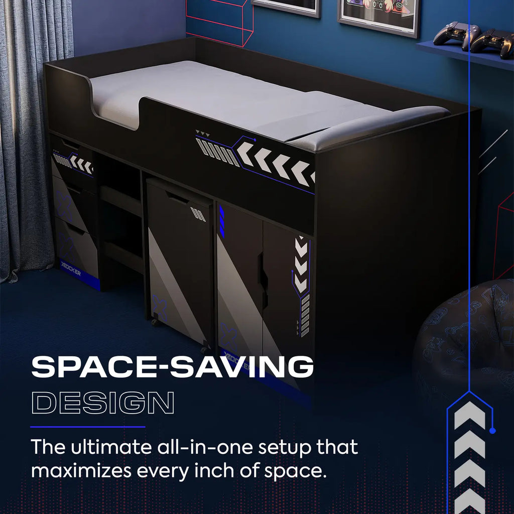 Space-saving bed design with storage compartments in a room setting.