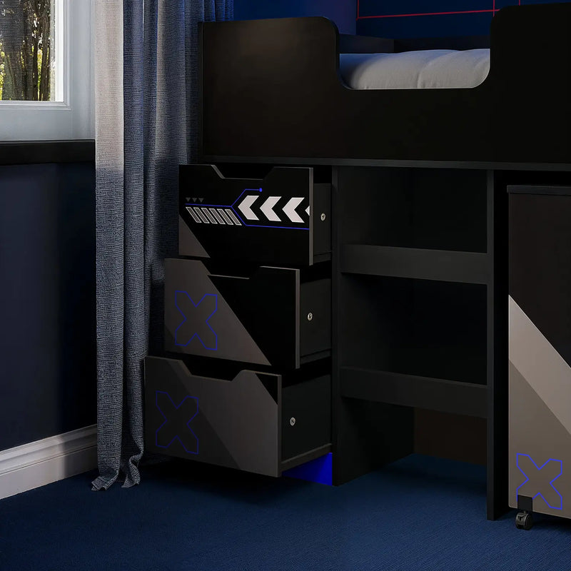 Octane Cabin Bed with Chest of Drawers in an open position