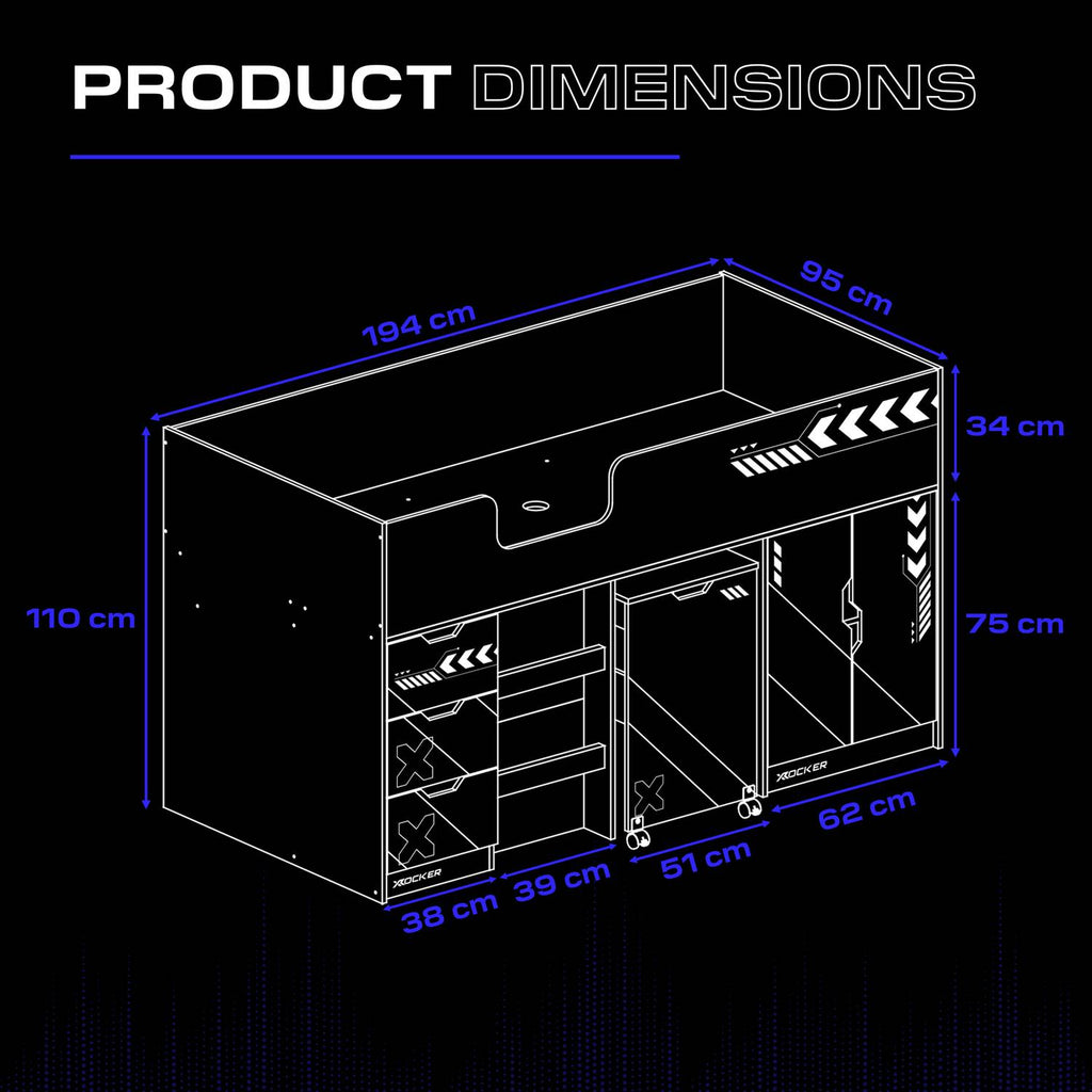 Diagram of the Octane Cabin Bed with dimensions labeled on a black background, highlighting a 194cm length, 95cm depth and 110cm height