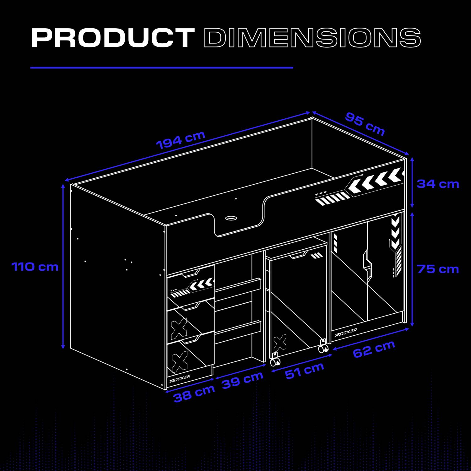 Diagram of the Octane Cabin Bed with dimensions labeled on a black background, highlighting a 194cm length, 95cm depth and 110cm height