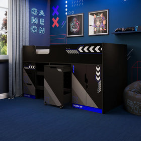 Gaming Cabin Bed with X rocker branding in a room with blue walls and decor.