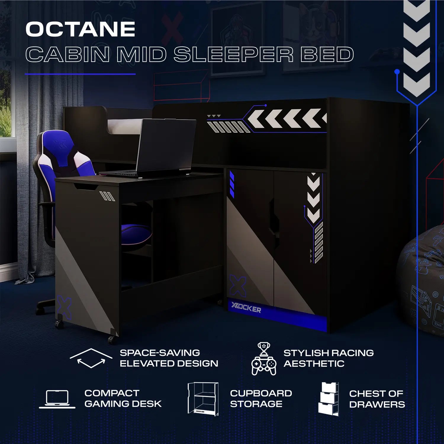 Octane Cabin Mid Sleeper Bed with gaming desk and storage features on a dark background