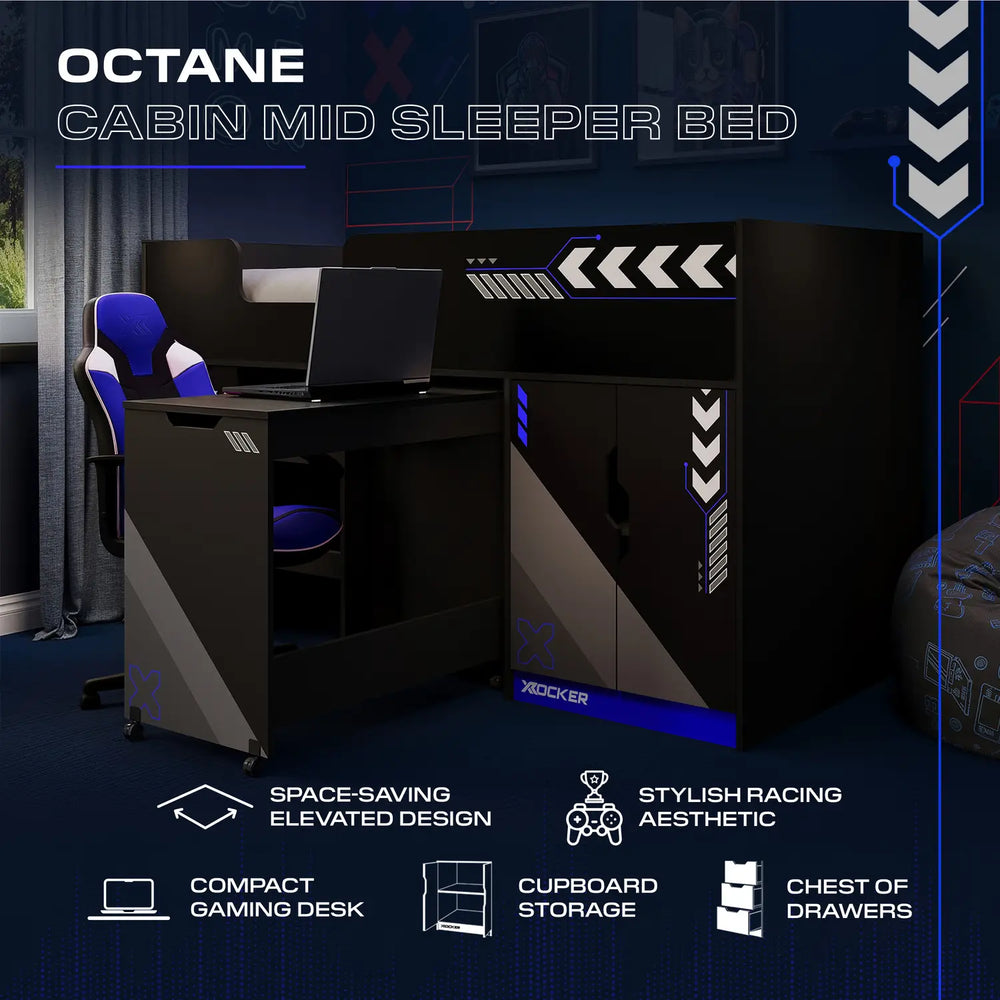 Octane Mid Sleeper Gaming Cabin Bed Storage and Pull-out Desk - Blue