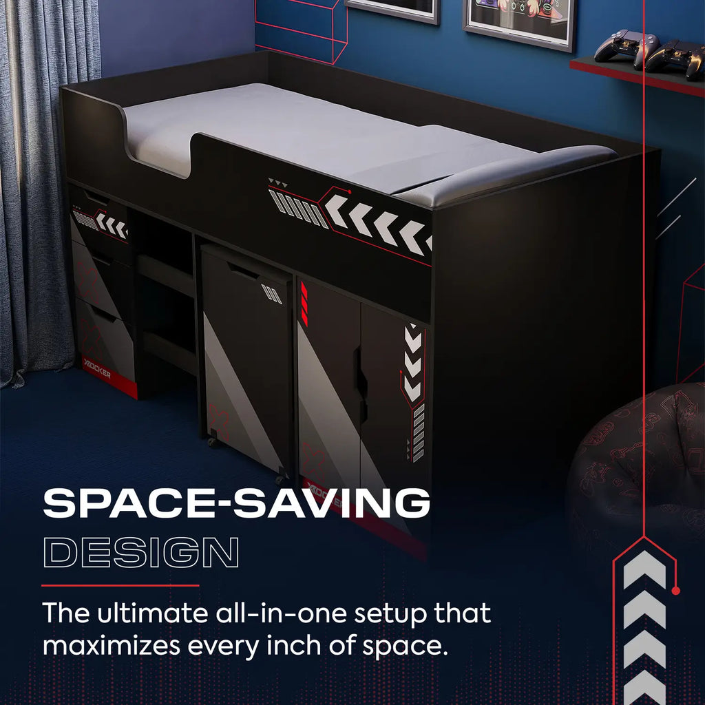 Space-saving bed with desk and storage drawers in a room setting.