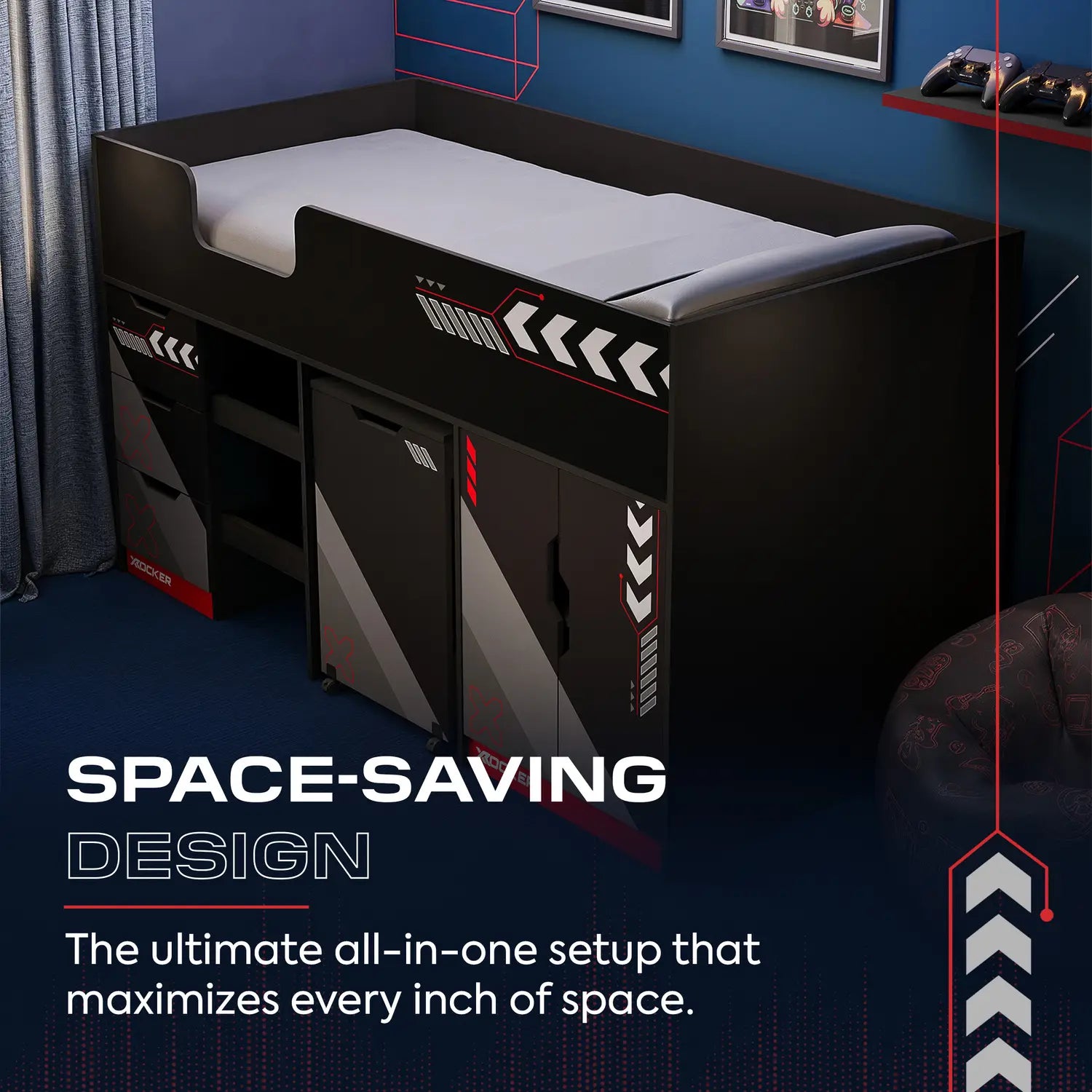 Space-saving bed with desk and storage drawers in a room setting.