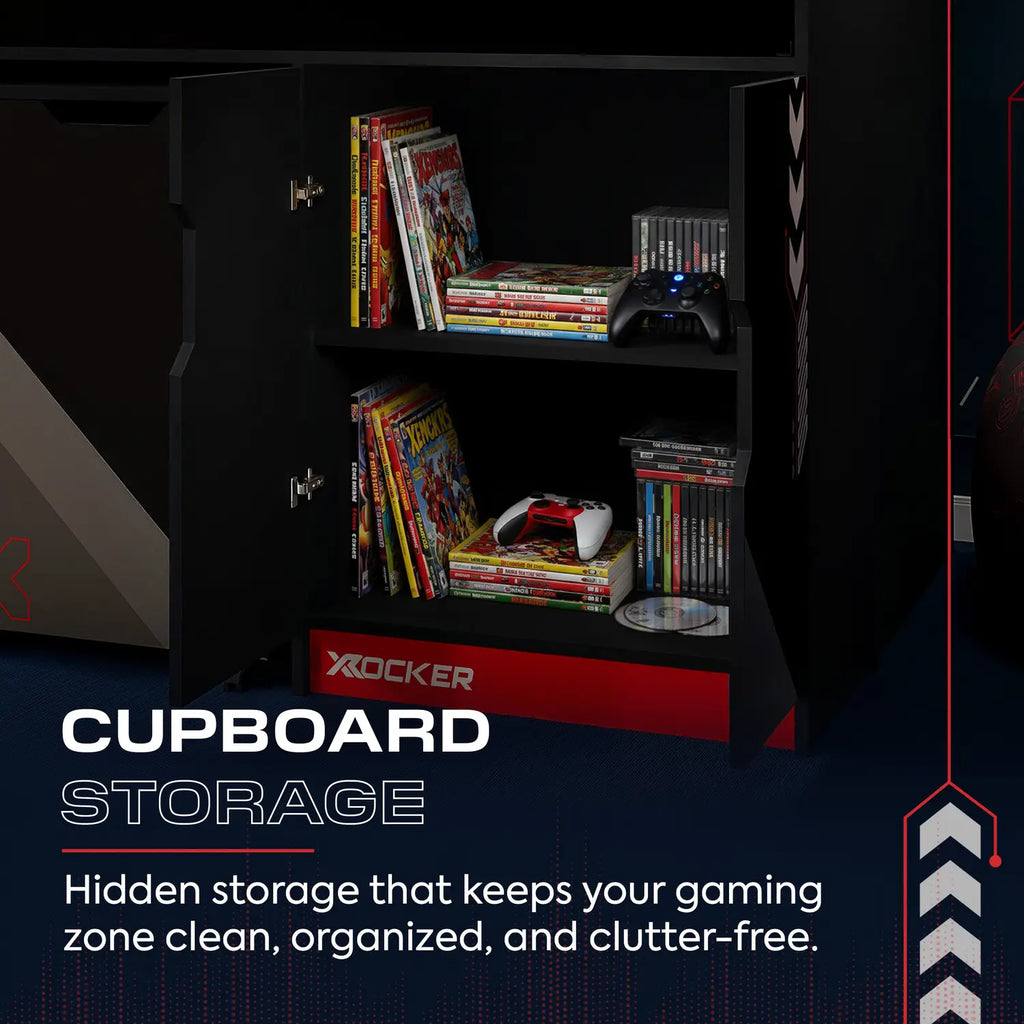 Cabin Bed with open shelves containing games and controllers, featuring X rocker branding.