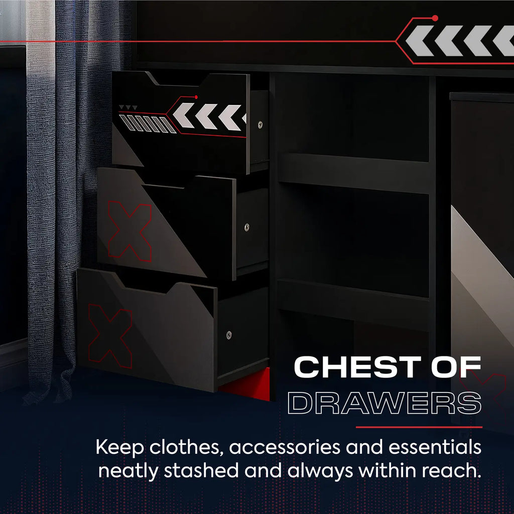 Black chest of drawers with red accents and brand logo on a dark background