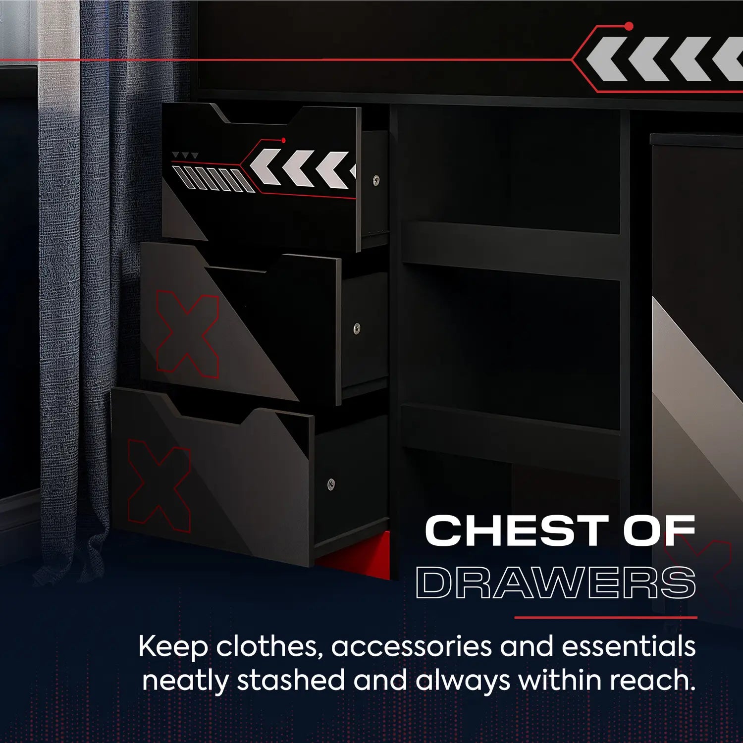 Black chest of drawers with red accents and brand logo on a dark background