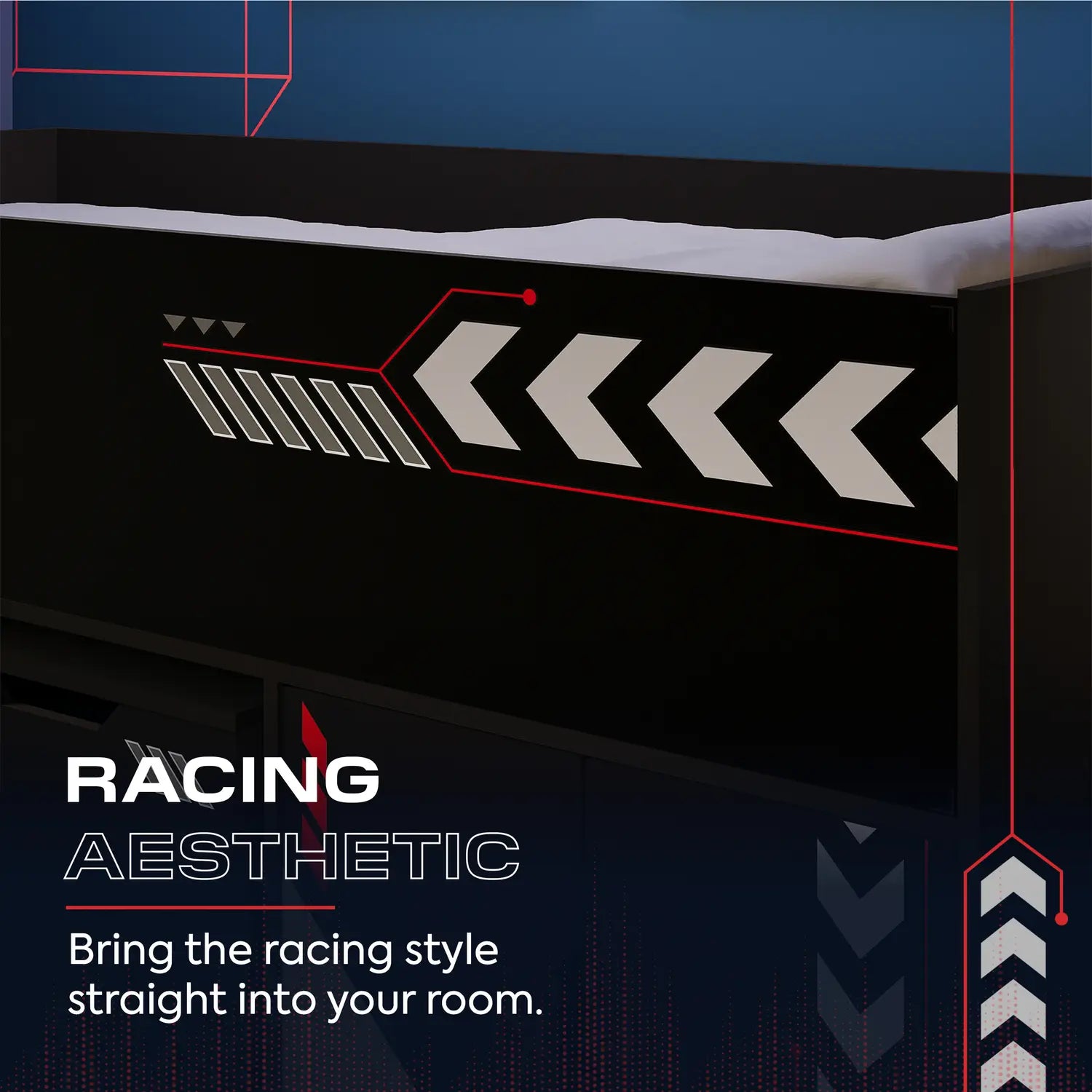 Bed with racing-themed design and text on a dark background