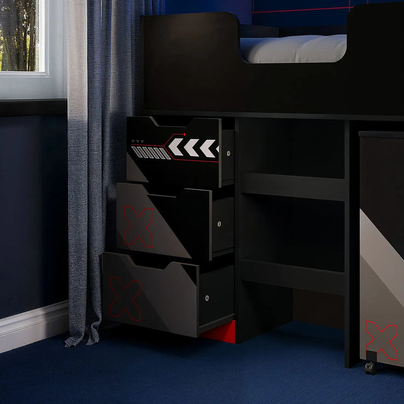 Octane Cabin Bed with red accents in a room with a window and curtains.