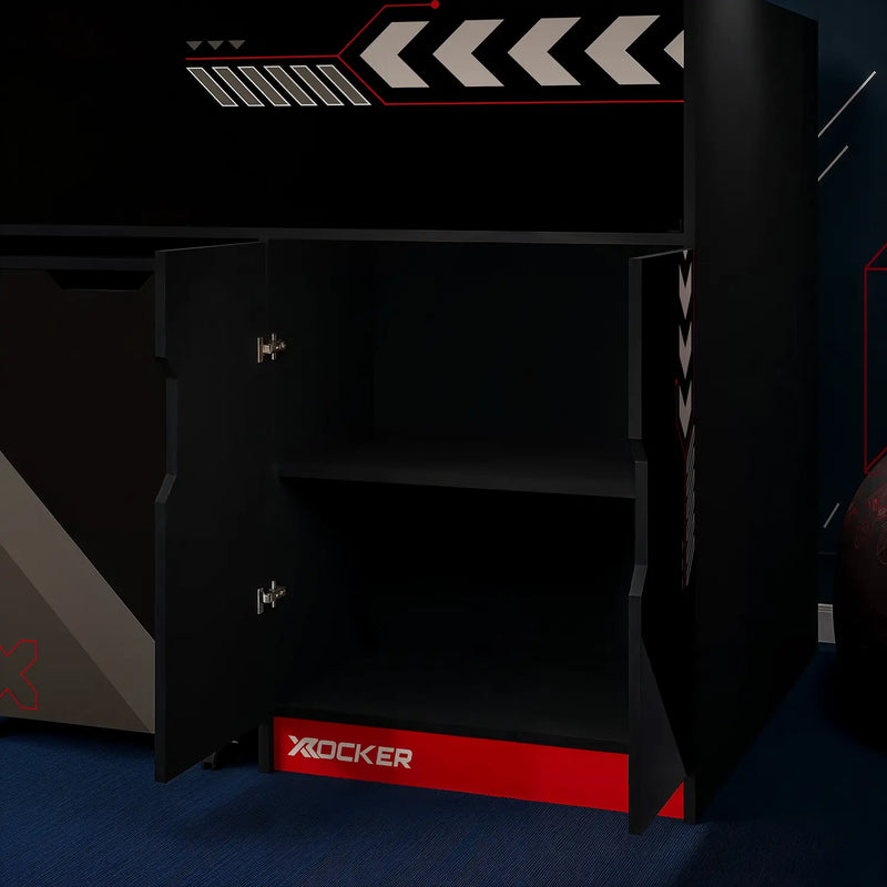 Black and red X rocker Cabin Bed with open drawer on a dark background