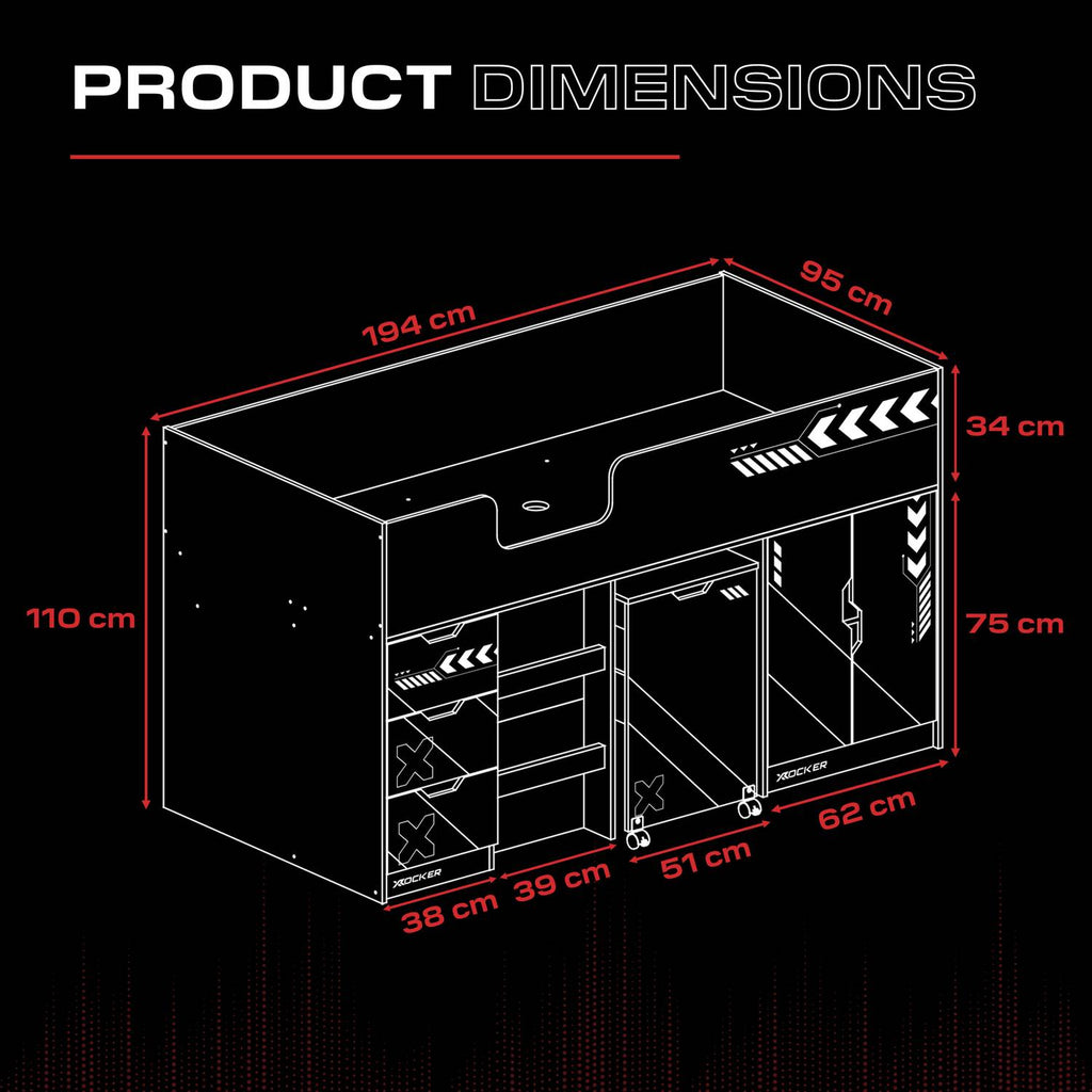 Octane Cabin Bed Dimensions diagram, showcasing a 194cm length, 95cm depth and 110cm height on a black background