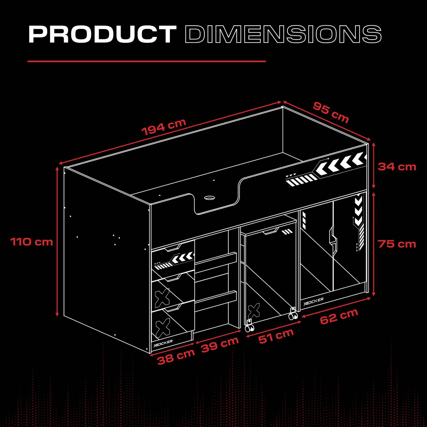 Octane Cabin Bed Dimensions diagram, showcasing a 194cm length, 95cm depth and 110cm height on a black background